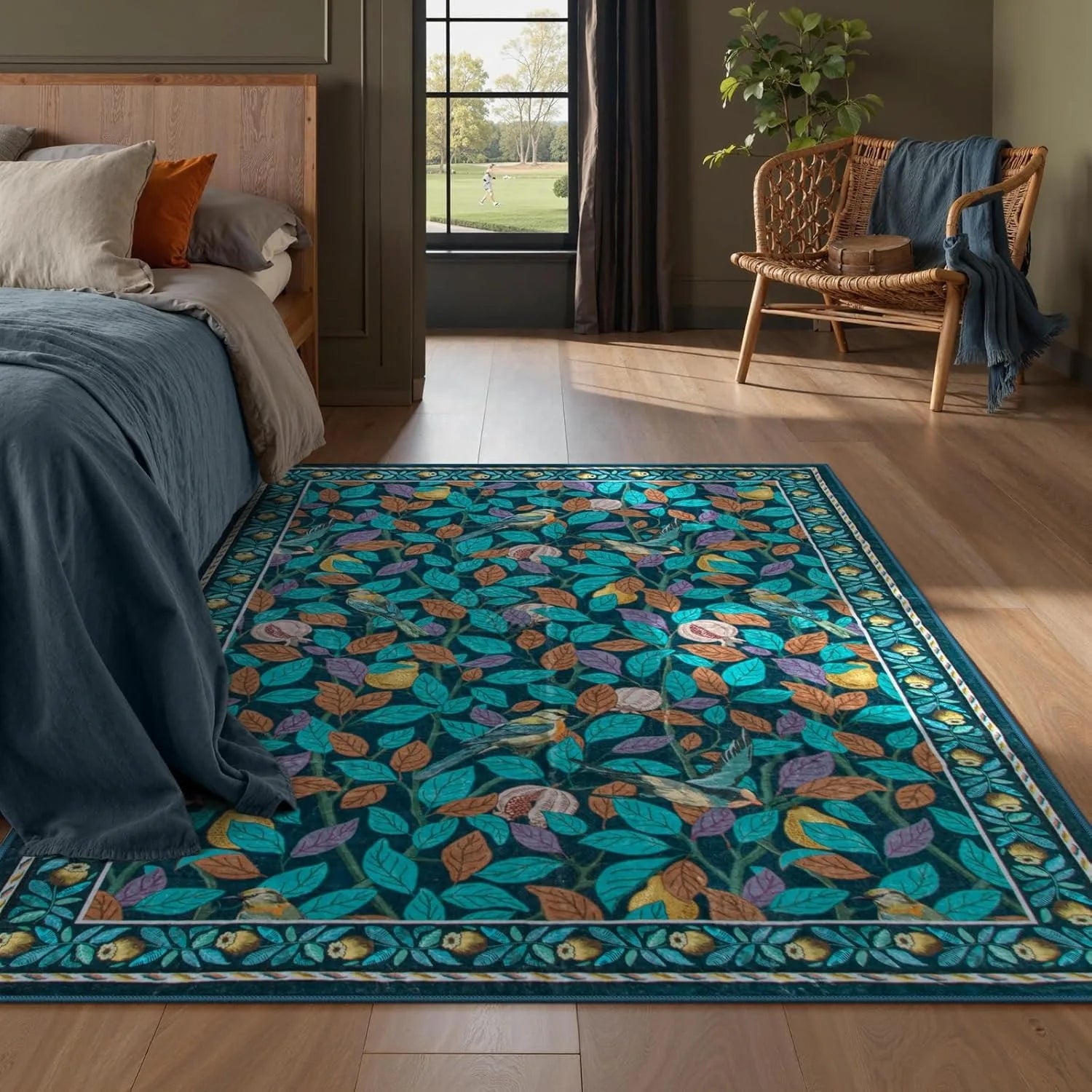 Navak Carpet Green Plant Retro Area Rug – Non-Slip Machine Washable Living Room Carpet, Soft Large Floor Mat for Bedroom Home Decor