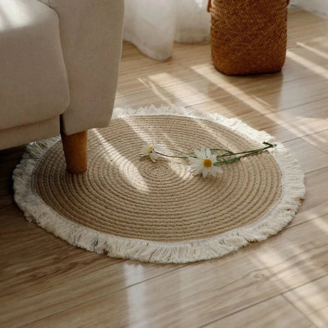 Navak Carpet Nordic Cotton Rope Tassel Round Mat Hand-woven Living Room Bedroom Balcony Decorative Carpet Non-slip Coffee Table Mat