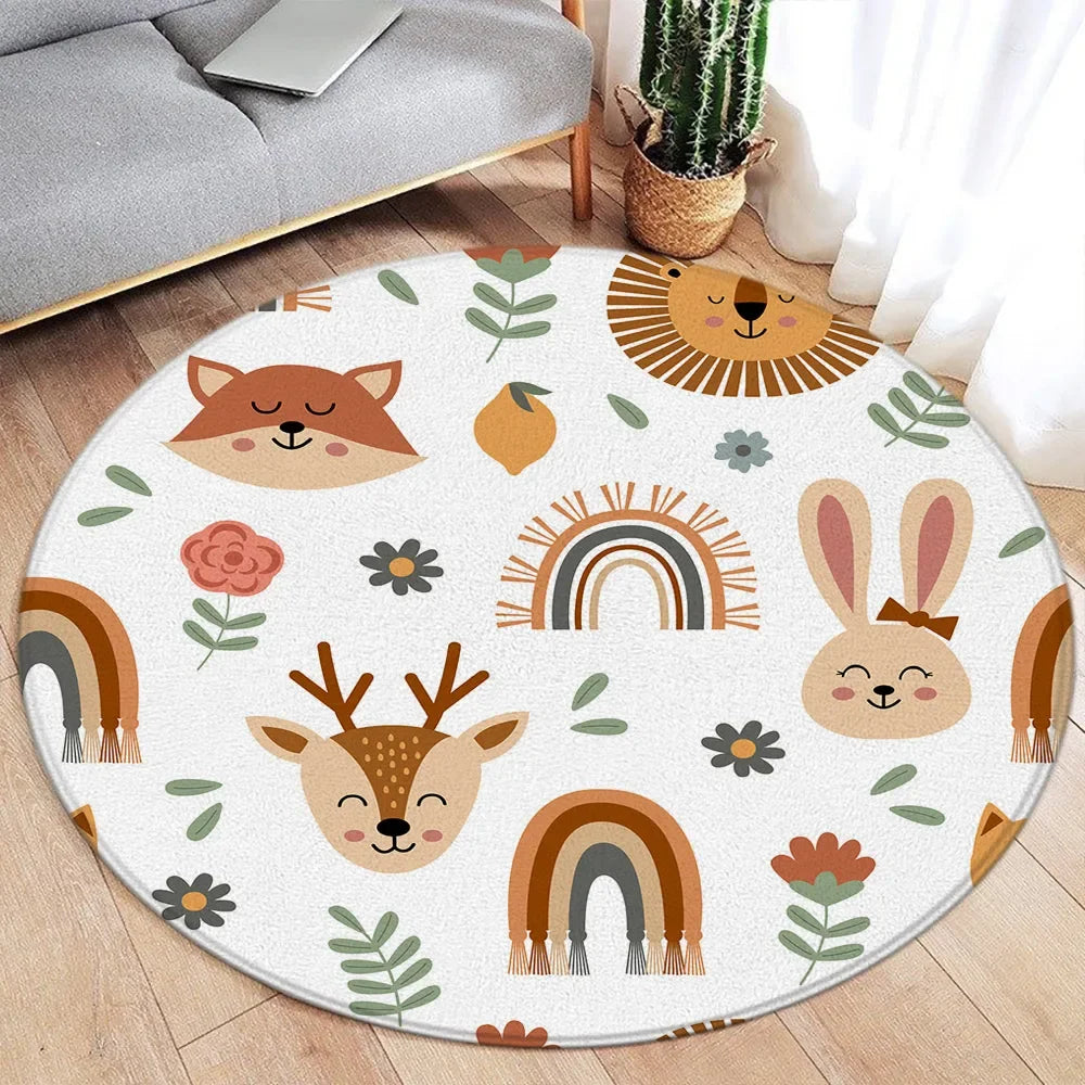 Navak Carpet Cartoon Round Carpet Ocean Fish Dolphin Starfish Cute Deer Lion Elephant Tiger Kids Bedroom Mat Home Living Room Decor Floor Rug