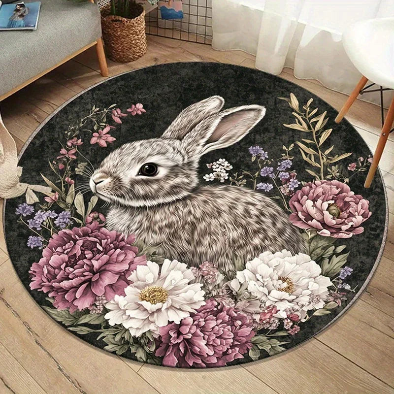 Navak Carpet Easter Retro Floral Rabbit Pattern Round Area Rug Bedroom Living Room Garden Decor Living Room Carpet Decorative Floor Mat