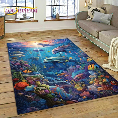 Navak Carpet  3D Underwater World Seabed Dolphin Cartoon Carpet Rug for Bedroom Living Room Home Sofa Decoration,Child Large Decor Floor Mat