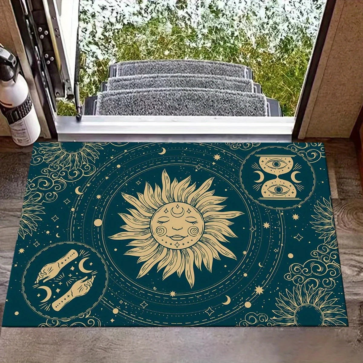 Navak Carpet Sun Theme Mat - Celestial Sun Moon Stars & Feet Design, 100% Polyester Machine Washable Indoor/Outdoor Mat for Living Room Bedro