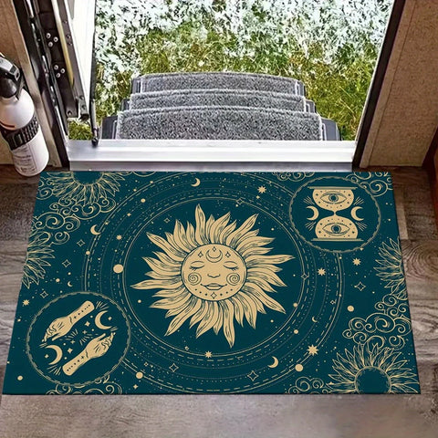 Navak Carpet Sun Theme Mat - Celestial Sun Moon Stars & Feet Design, 100% Polyester Machine Washable Indoor/Outdoor Mat for Living Room Bedro