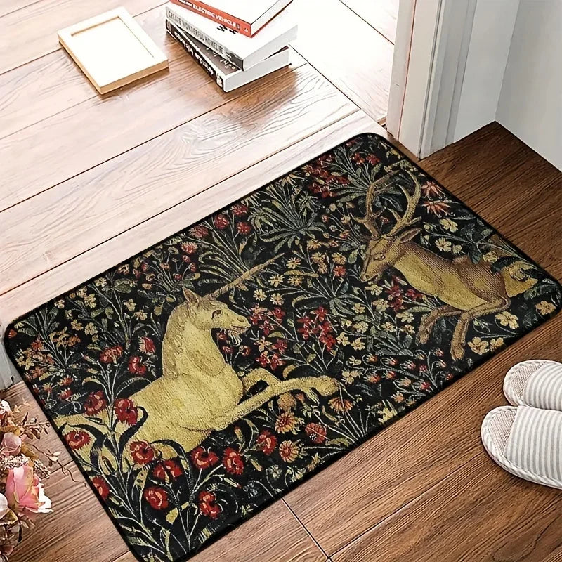 Navak Carpet Medieval Unicorn Midnight Floral Tapestry Doormat Non Slip Rug Home Decor Carpet Washable  Living Room Bedroom Kitchen Floor Mat