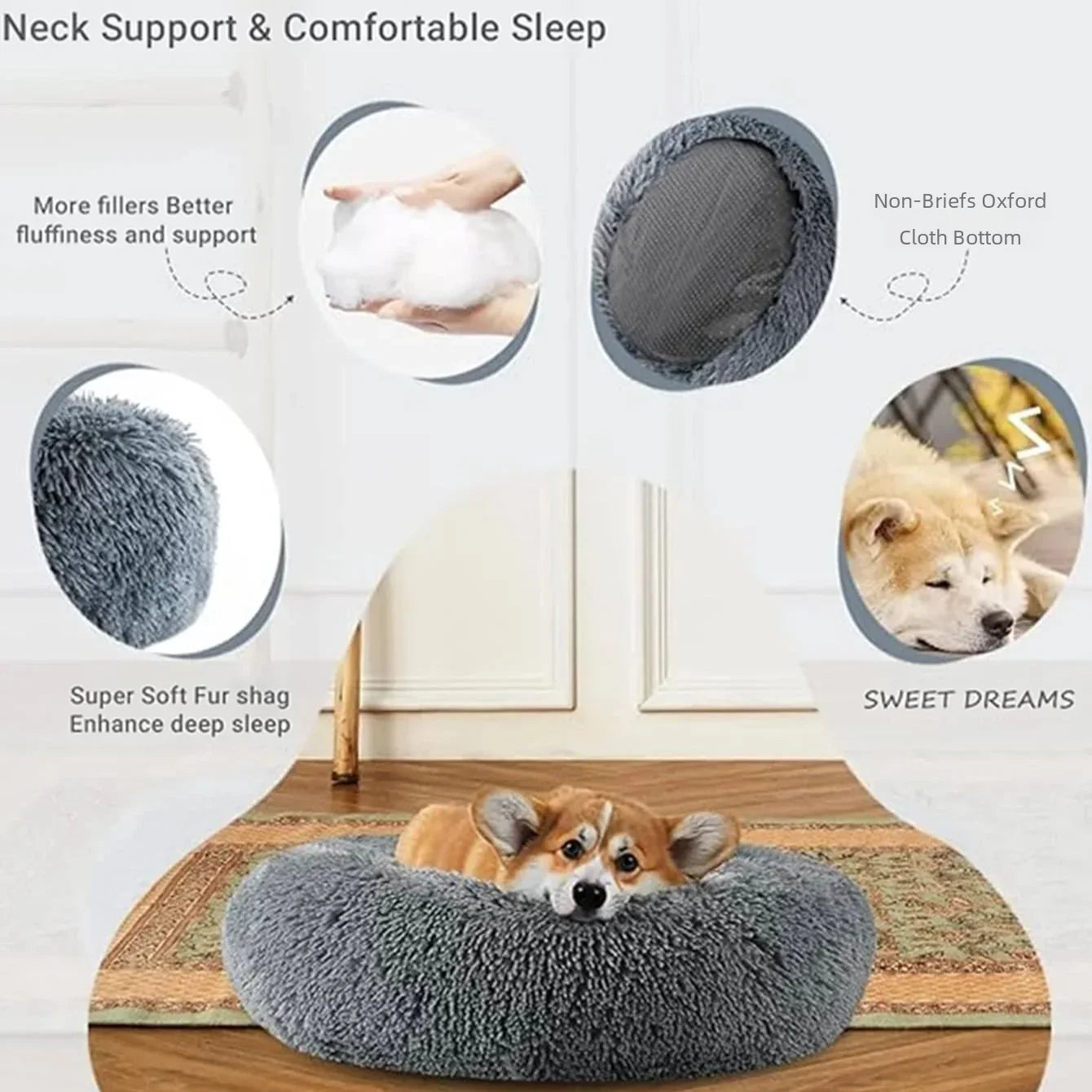 Navak Carpet  40-90cm Round Pet Bed for Large Dog Bed Super Soft Cat Bed Long Plush Dog House for Medium Dog House Winter Warm Sleeping