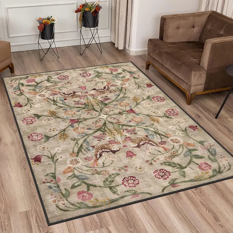 Navak Carpet Boho Chic Turkish Traditional Floral Rug Washable Non-Slip Large Distressed Area Carpet for Living Room Bedroom Decor