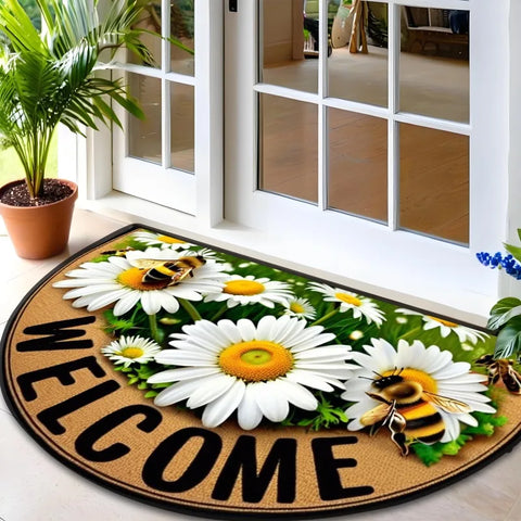 Navak Carpet Bees Floral Door Mat Non Slip Semi Circle Polyester Entrance Rug for Farmhouse Patio Laundry Kitchen Yard Outdoor Home Decor
