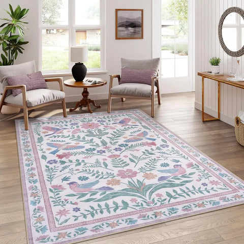 Navak Carpet Elegant Boho Purple Floral Bird-printed Carpet HOME Decor Living Room Sofa Rug Bedroom Bedside Soft Rug Kitchen Dining Floormat