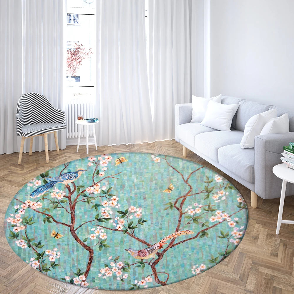 Navak Carpet Home Living Room Bedroom Bathroom Floor Mat Printing Decorative Carpet Flower and Bird  Round  Peony Rose