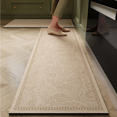 Navak Carpet Kitchen Floor Mat Anti-slip Oil-proof Erasable Carpet Leather PVC Waterproof Rug Beige Pattern Texture Home Decor Mats 주방 카펫