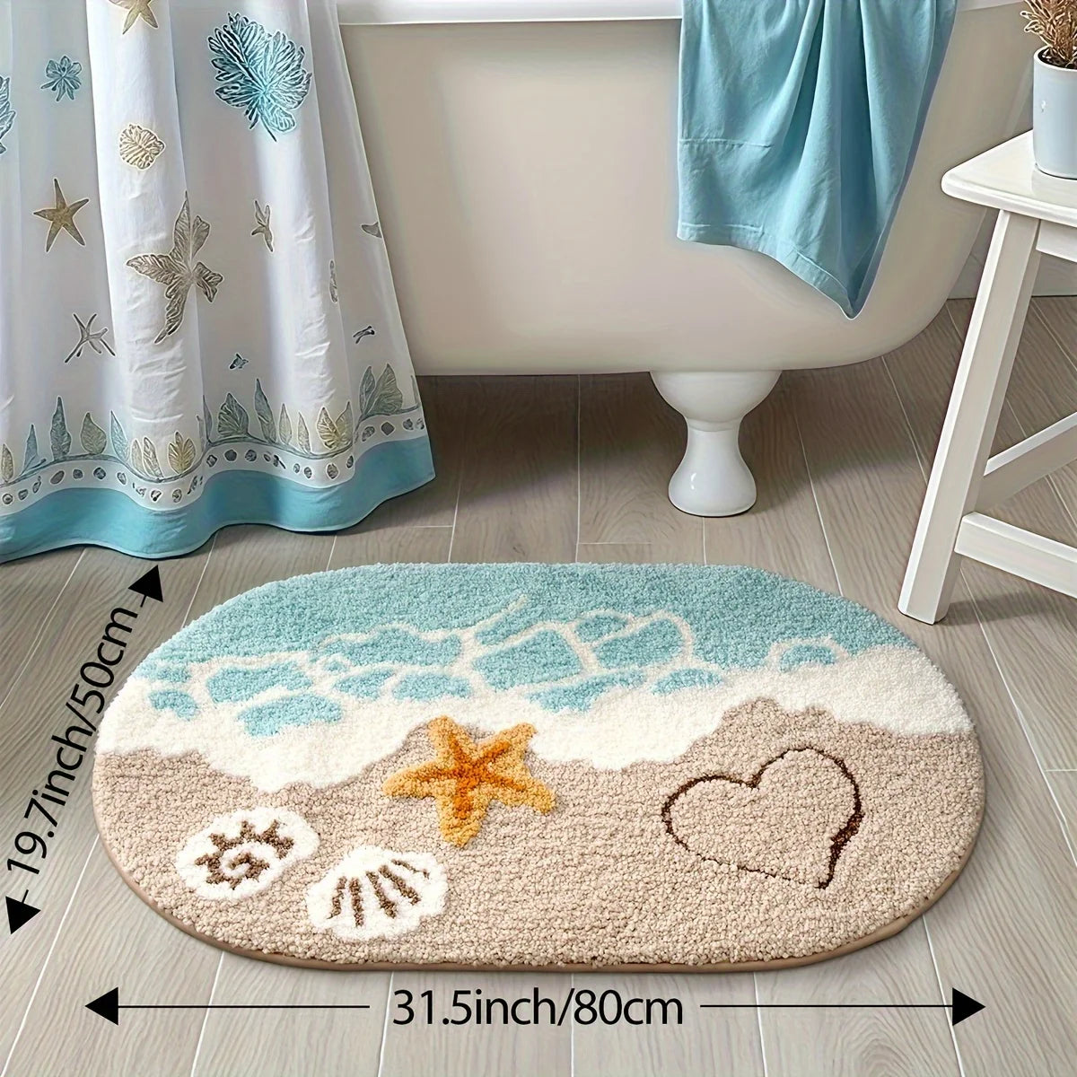 Navak Carpet 1pc Plush Faux Cashmere Bathroom - Ocean-Themed Oval Floor Mat with Beach Starfish & Heart Design,Rugs for Bathroom,Theme Decor