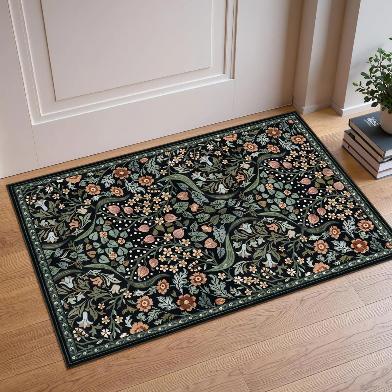 Navak Carpet Floral Washable Rugs, Soft Large Boho Bedroom Rug, Botanical Non Slip Ultra Thin Floor Carpet for Dining Room Nursery Office