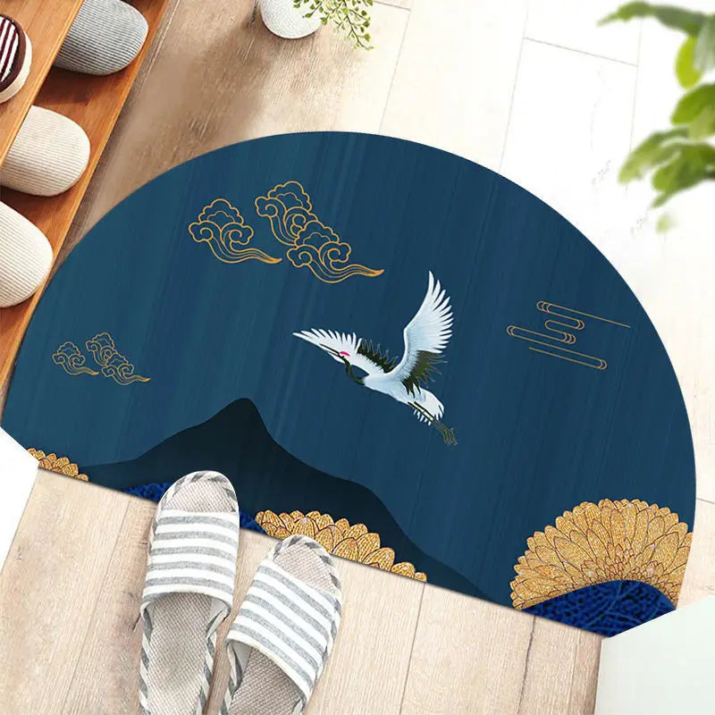 Navak Carpet Chinese Semi-circular Floor Mats Japanese Style Crane Printed Door Entrance Non-slip Floor Mats Balcony Carpet Hallway Porch Rug