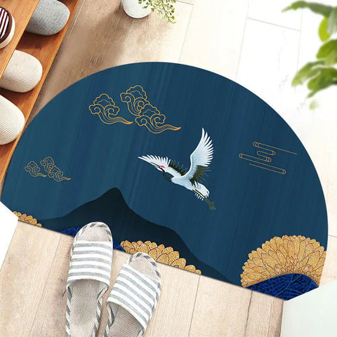 Navak Carpet Chinese Semi-circular Floor Mats Japanese Style Crane Printed Door Entrance Non-slip Floor Mats Balcony Carpet Hallway Porch Rug