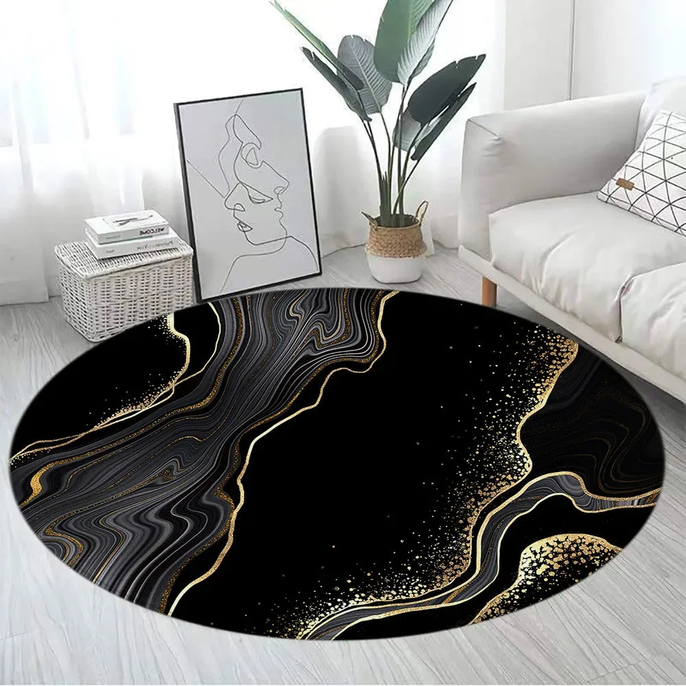 Navak Carpet Abstract Blue Marble Round Carpet Gold Textured Geometric Pattern Black Home Rugs Living Room Bedroom Decor Sofa Rug Floor Mats