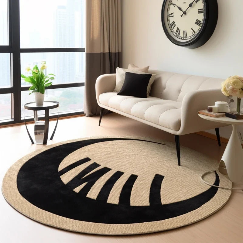 Navak Carpet Living Room Carpet Round Simple Light Luxury Bedroom Carpets Black Ring Geometric Rug Stain-Resistant Swivel Chair Rugs Alfombra