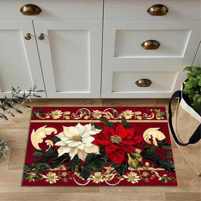 Navak Carpet Christmas Poinsettia Floral Kitchen Mat Decor Non-Slip Laundry Room Mats Hallway Balcony Rugs Bedroom Mat Christmas Decorations