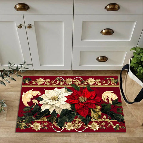 Navak Carpet Christmas Poinsettia Floral Kitchen Mat Decor Non-Slip Laundry Room Mats Hallway Balcony Rugs Bedroom Mat Christmas Decorations