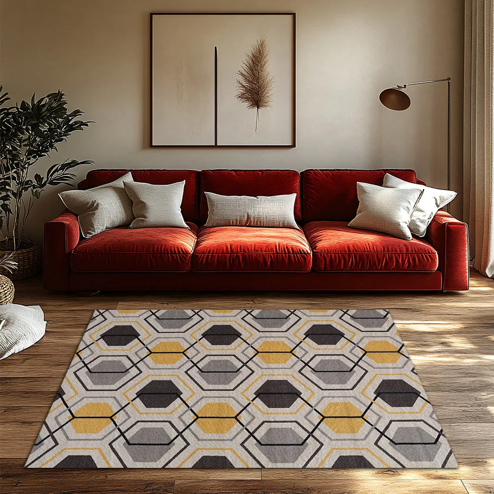 Navak Carpet Yellow Gray Geometric Bohemian Rug, Modern Pattern Non-Slip Carpet, Cozy Living Room Mat for Scandinavian Decor