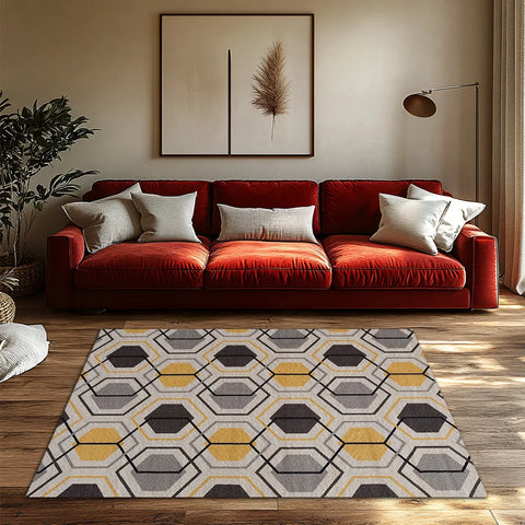 Navak Carpet Yellow Gray Geometric Bohemian Rug, Modern Pattern Non-Slip Carpet, Cozy Living Room Mat for Scandinavian Decor