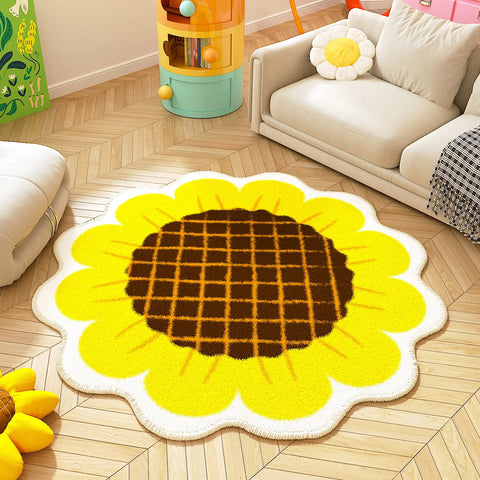 Navak Carpet Sunflower Pattern Bedroom Decor Round Carpet Thicken Plush Lounge Mat Fluffy Soft Study Rug Flower Shape Carpets for Living Room