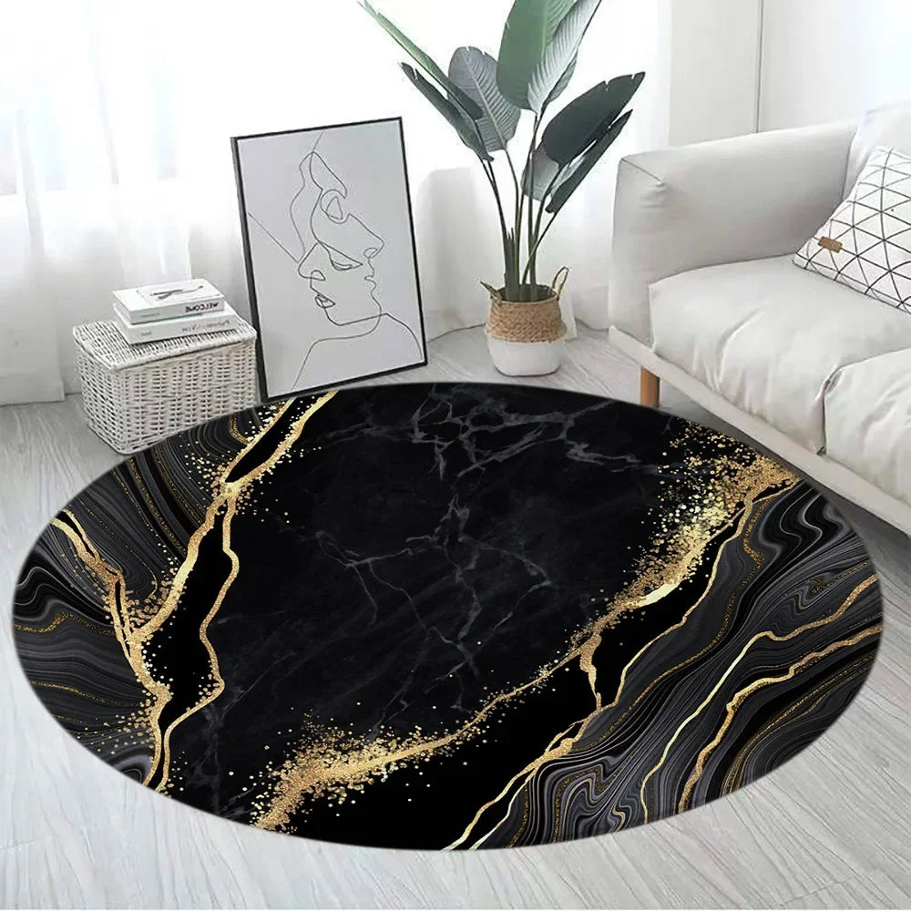 Navak Carpet Abstract Blue Marble Round Carpet Gold Textured Geometric Pattern Black Home Rugs Living Room Bedroom Decor Sofa Rug Floor Mats