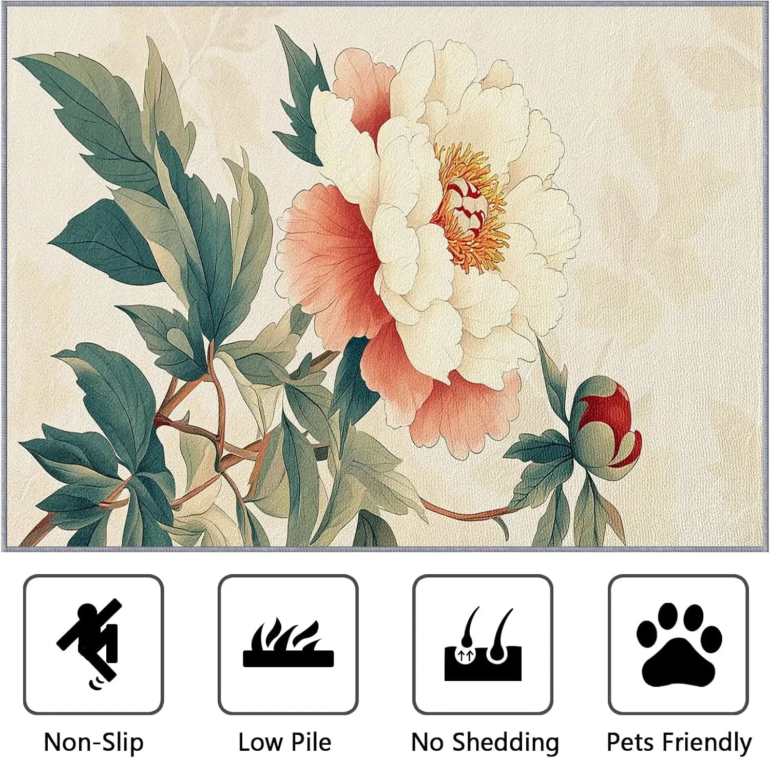 Navak Carpet Peony Flower Rugs Washable Chinoiserie Floral Botanical Area Rug - Flower Oriental Rugs -Japanese Asian Style Carpet