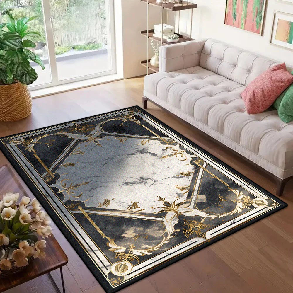 Navak Carpet Marble Style Luxury Golden Border Carpet for Live Room Soft Antiskid Large Size Bedroom Rug Machine Washable Entrance Door Mat
