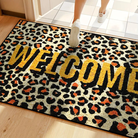 Navak Carpet Welcome Leopard Print Doormat Non-Slip Retardant Ideal for Kitchen Dining Hallway Bathroom Bedroom Parties Home Decoration Rug