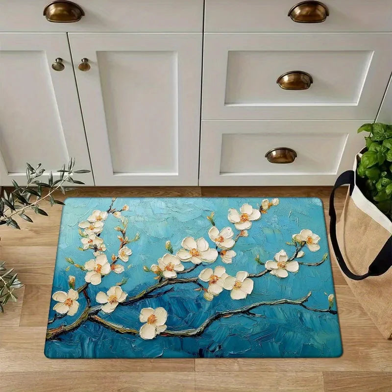 Navak Carpet 1 piece blue floral branch doormat, polyester fabric, machine washable, suitable for living room bedroom kitchen home decoration