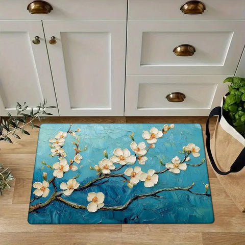 Navak Carpet 1 piece blue floral branch doormat, polyester fabric, machine washable, suitable for living room bedroom kitchen home decoration