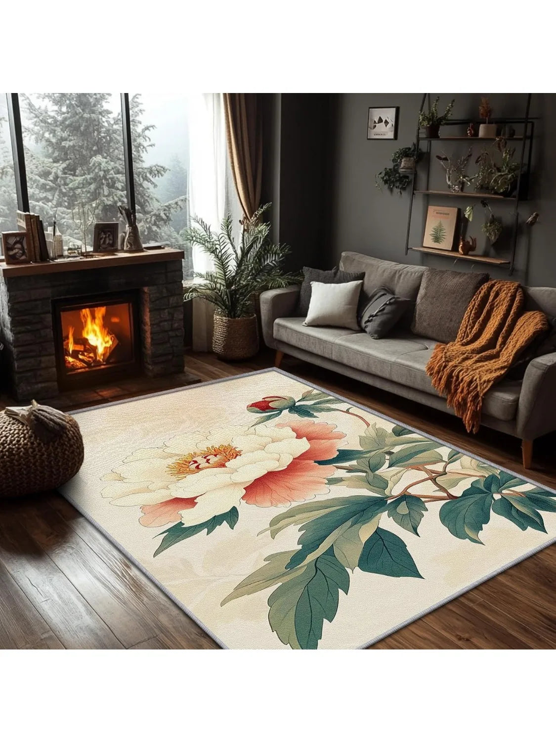Navak Carpet Peony Flower Rugs Washable Chinoiserie Floral Botanical Area Rug - Flower Oriental Rugs -Japanese Asian Style Carpet