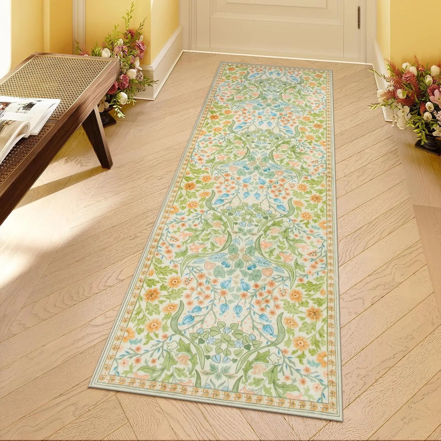 Navak Carpet Floral Washable Rugs, Soft Large Boho Bedroom Rug, Botanical Non Slip Ultra Thin Floor Carpet for Dining Room Nursery Office