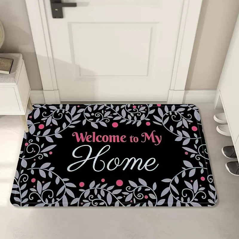 Navak Carpet Leaf & Letter Patterned Home Welcome Print Door Mat Absorbent Quick-Drying Non-Slip Entrance Carpet for Living Room Bedroom Rug