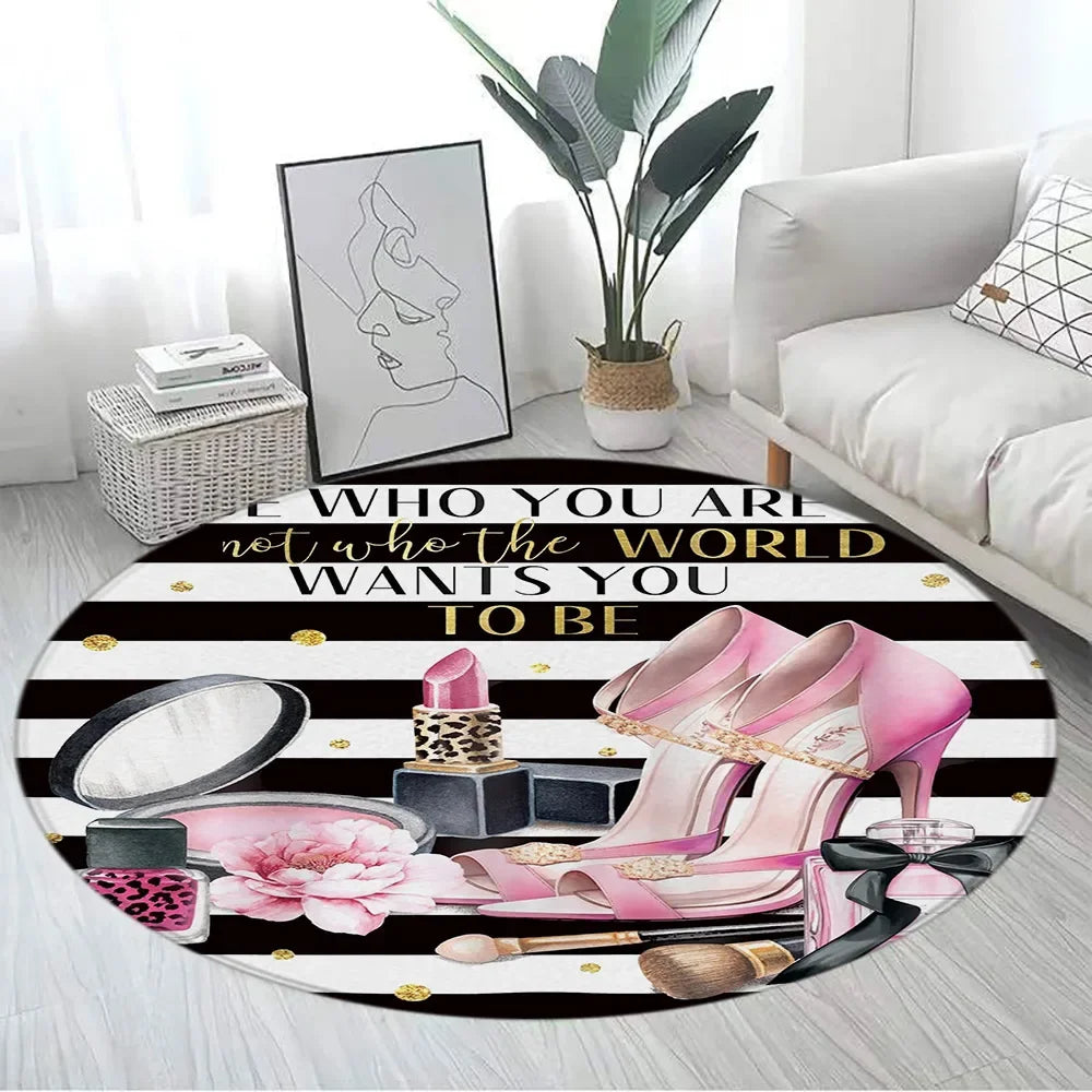 Navak Carpet Pink Floral Perfume Round Carpet Fashion Magazine Black and White Stripe Home Rugs Living Room Decor Girls Bedroom Rug Floor Mat