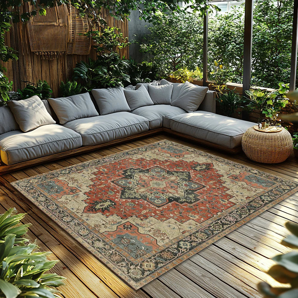 Navak Carpet Red Green Bohemian Area Rug, Ethnic Pattern Non-Slip Carpet, Cozy Living Room Mat for Natural Home Decor