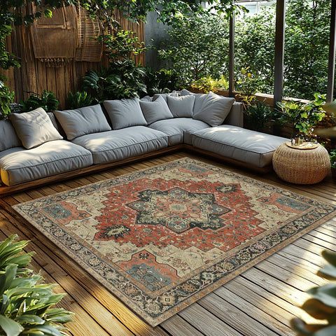Navak Carpet Red Green Bohemian Area Rug, Ethnic Pattern Non-Slip Carpet, Cozy Living Room Mat for Natural Home Decor