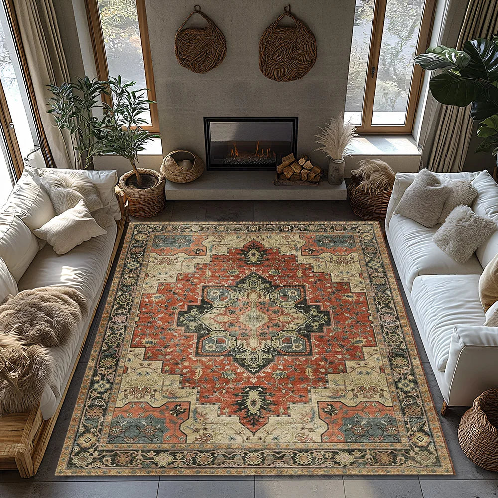 Navak Carpet Red Green Bohemian Area Rug, Ethnic Pattern Non-Slip Carpet, Cozy Living Room Mat for Natural Home Decor