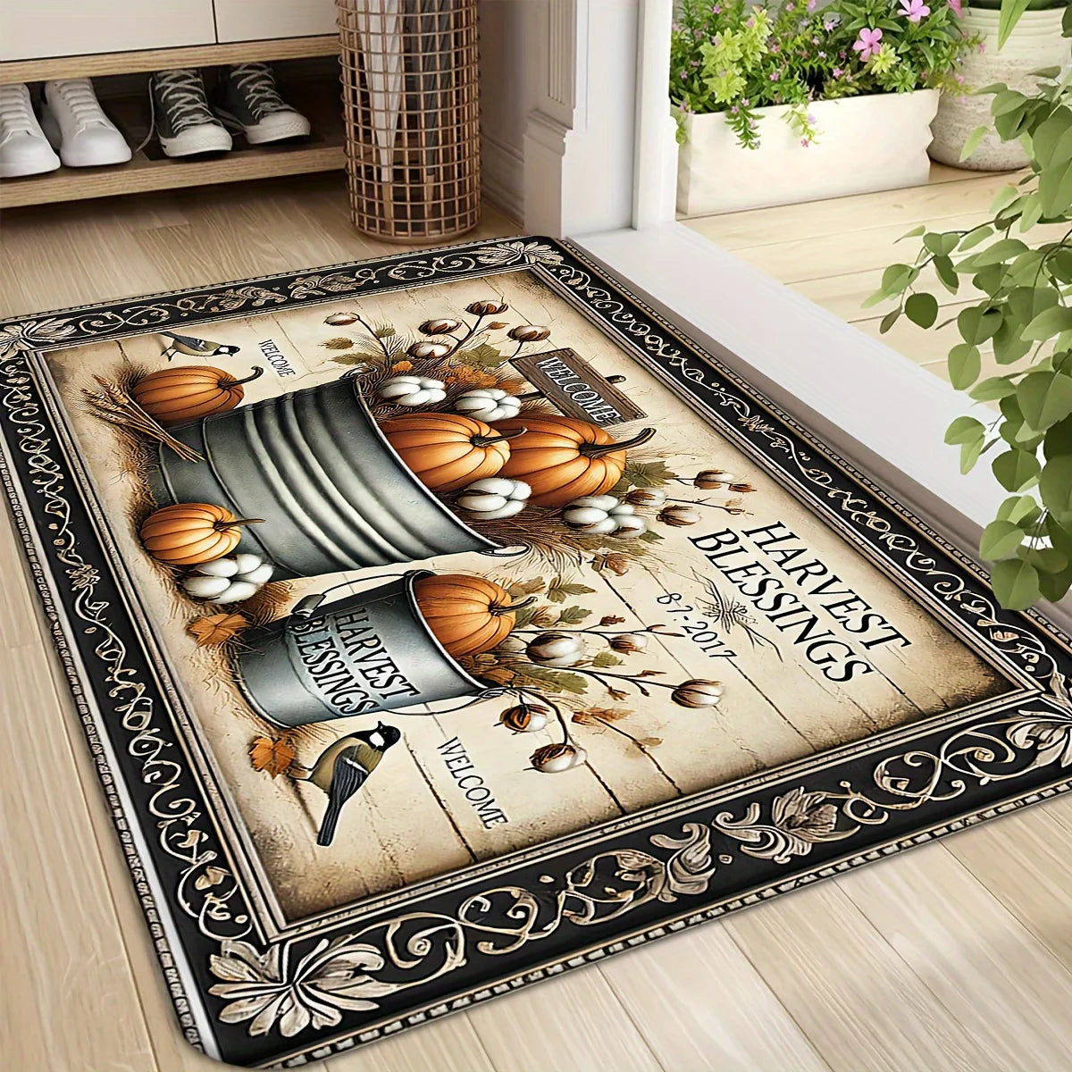Navak Carpet Thanksgiving Fall Pumpkin Theme Door Mat Kitchen Bathroom Laundry Non-slip Floor Mat Living Room Balcony Hallway Entrance Rugs