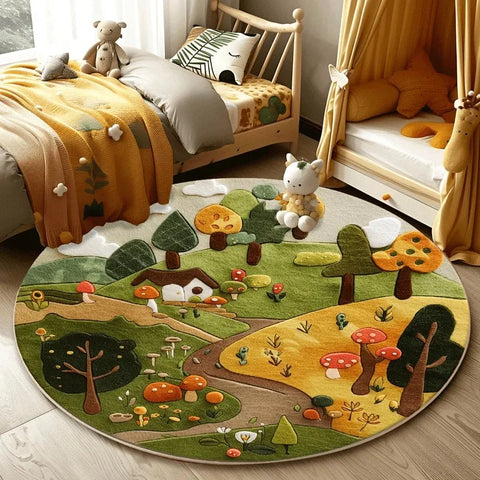 Navak Carpet Forest Pattern Living Room Lovely Round Bedroom Decorative Carpet Washable Children Floor Mat Study Rug