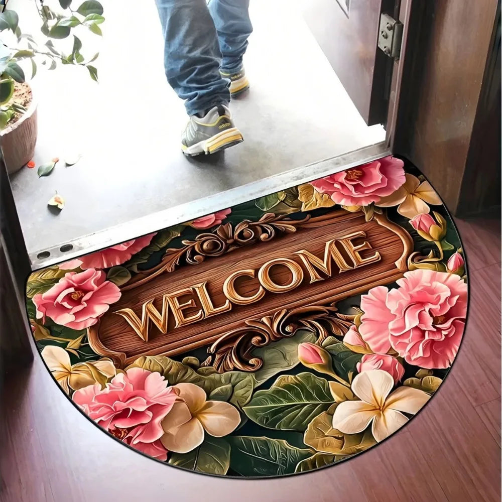 Navak Carpet Non Slip Half Round Doormat Flower Floral Absorbent Welcome Rugs Washable Door Mat Entrance Mat Indoor Outdoor