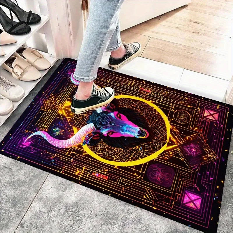 Navak Carpet Door mats with ancient symbols and neon bull design are suitable for camping, room, indoor use-machine washable non-slip carpet