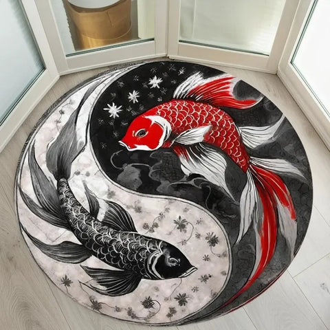 Navak Carpet Yin Yang Koi Fishes Print Round Carpets for Home Living Room Rug Bedroom Decor Rug Non Slip Washable Flannel Floor Mat