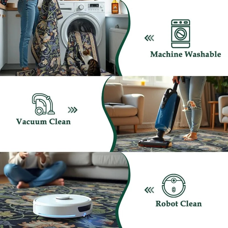 Navak Carpet Nordic Style Living Room Carpet Retro Flower and Bird Print Bedroom Rugs Fashionable Foldable Machine Washable Coffee Table Mats