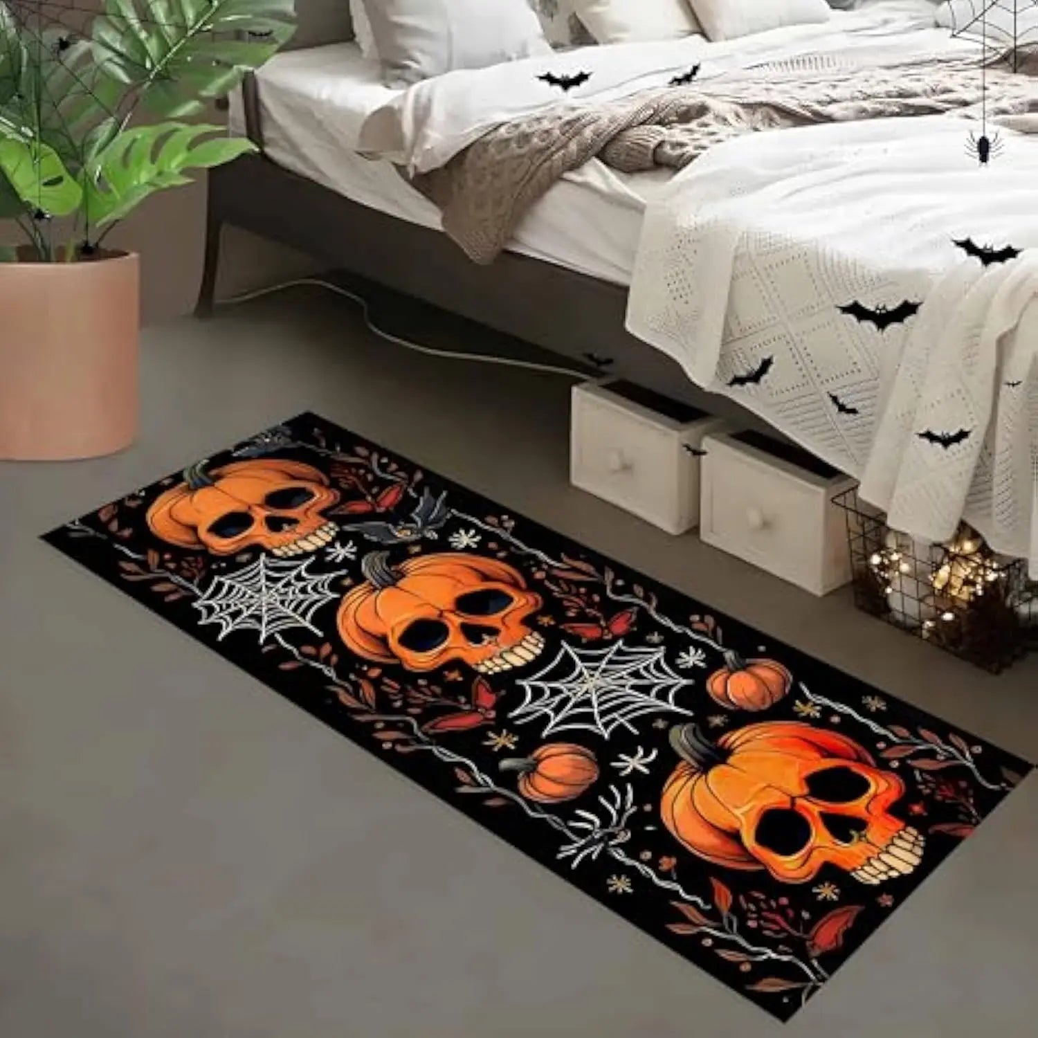 Navak Carpet Exclusive Picks Halloween Runner Rug Abstract Pumpkin Skull Carpet Kitchen Anti-Slip Spider Web Printed Rugs for Living Room Home Decor
