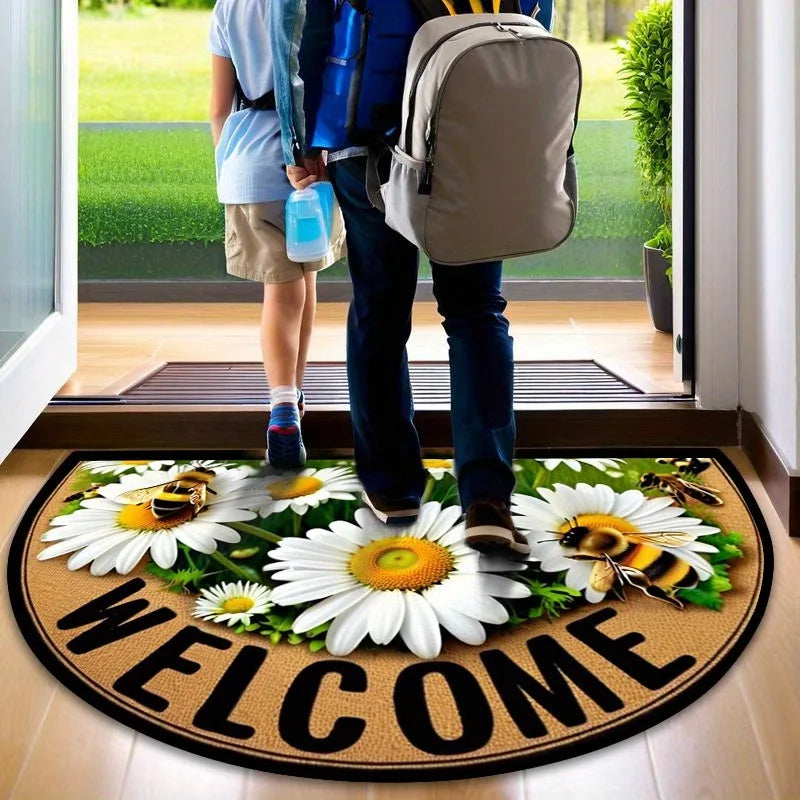 Navak Carpet Bees Floral Door Mat Non Slip Semi Circle Polyester Entrance Rug for Farmhouse Patio Laundry Kitchen Yard Outdoor Home Decor