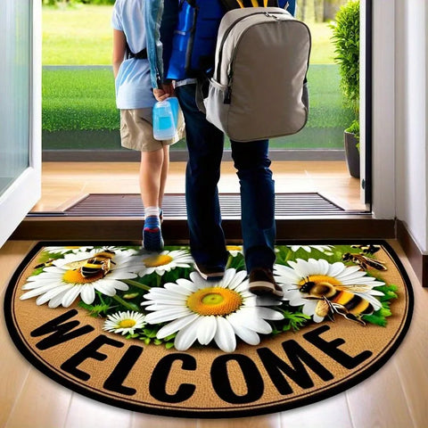 Navak Carpet Bees Floral Door Mat Non Slip Semi Circle Polyester Entrance Rug for Farmhouse Patio Laundry Kitchen Yard Outdoor Home Decor