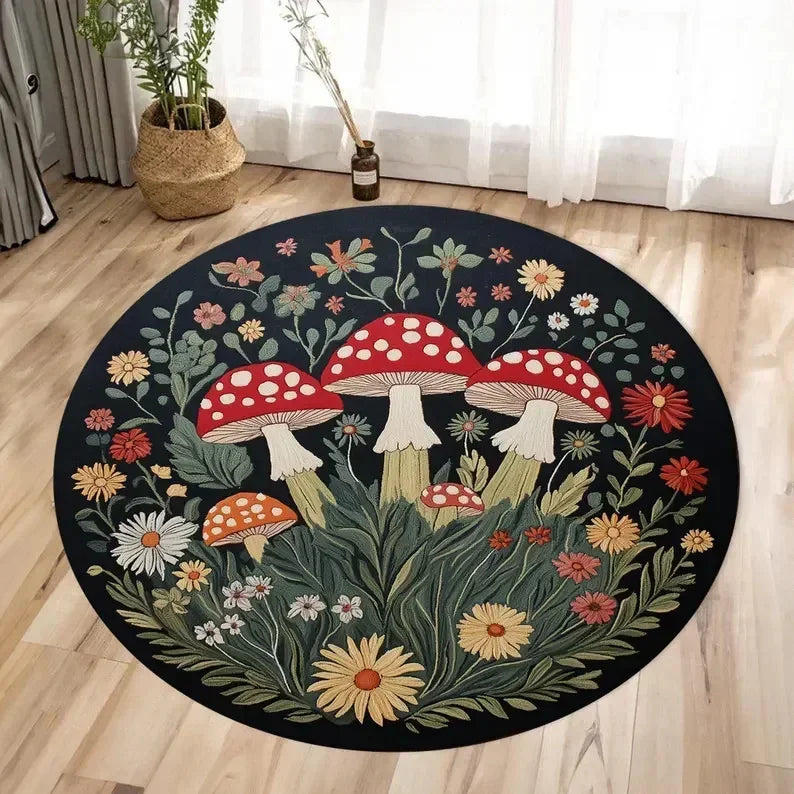 Navak Carpet Mushroom Pattern Circle Carpet Utility Round Rug for Living Room Bedroom Deco Kitchen Under Table Floor Mat Non Slip Vintage Rug