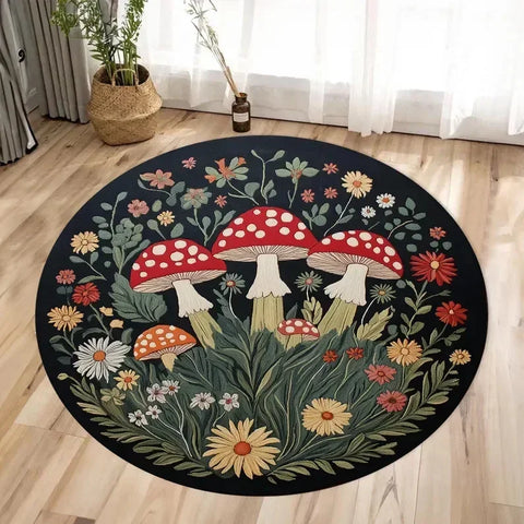 Navak Carpet Mushroom Pattern Circle Carpet Utility Round Rug for Living Room Bedroom Deco Kitchen Under Table Floor Mat Non Slip Vintage Rug