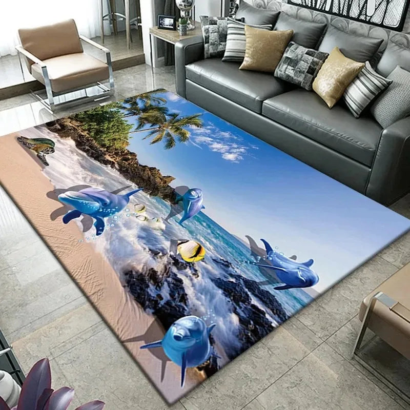 Navak Carpet3D Beach Sea Waves Pattern Carpet Door Floor Mat Fish Doormat Non-slip Floor Mat Living Room Rug Home Room Bedroom Decoration